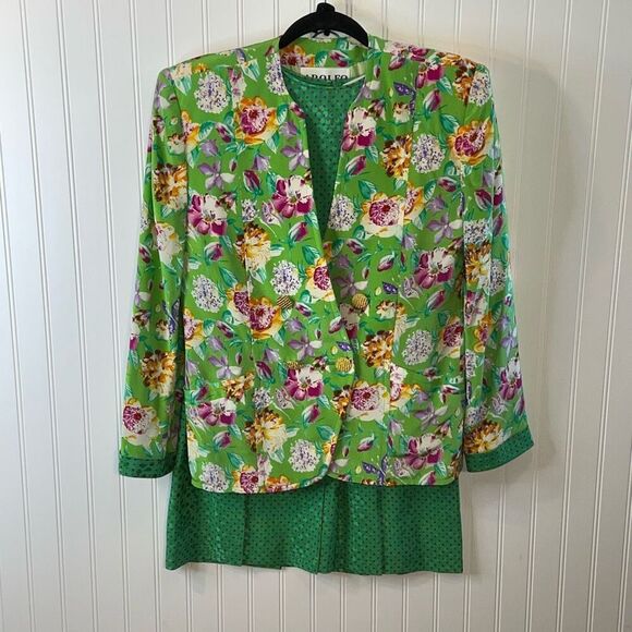 Adolfo New York 3 Piece 100% Silk Suit Women’s Size 10 Green Multi Color Floral